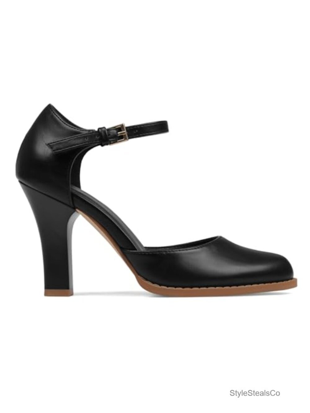 Women's Chunky High Heel Faux Leather Ankle Strap Pointed Toe Pump Mary Jane